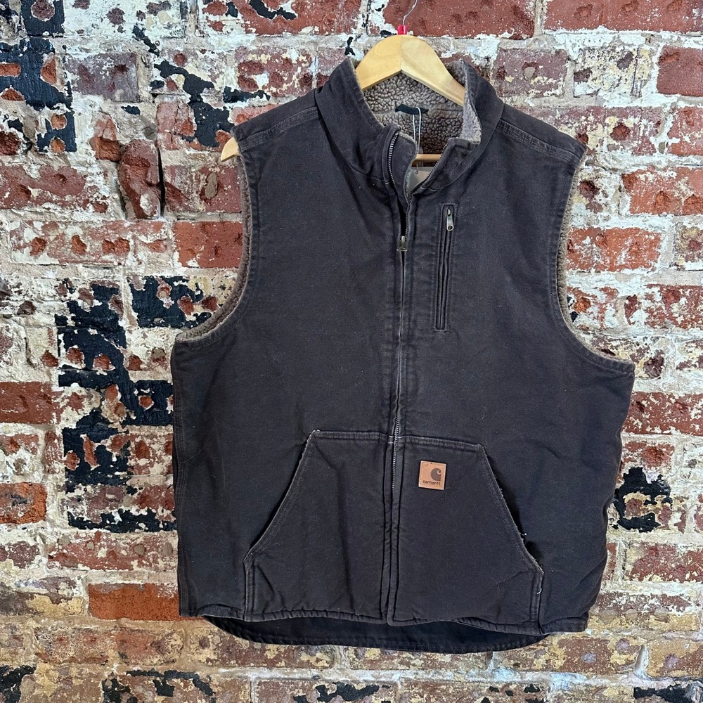 Carhartt V33 Vest Dark Brown Mens Large Tall Canvas Sherpa Lined Zip LT